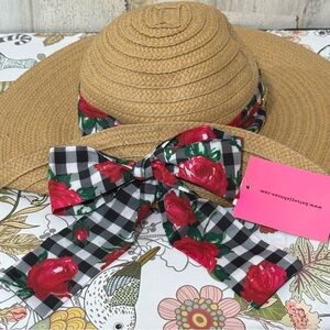 Betsey Johnson Hat with Red Floral Bow Roses Checkerboard NEW